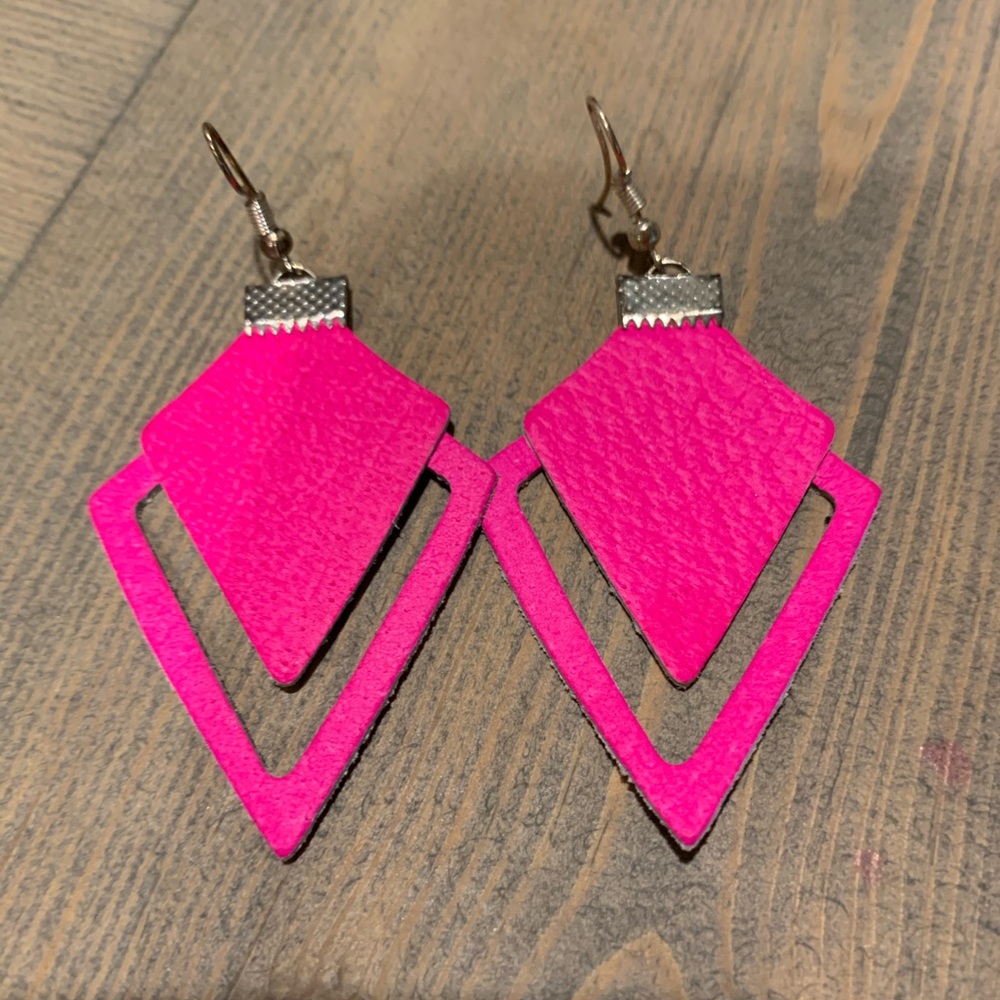 Hot pink leather cut out earrings